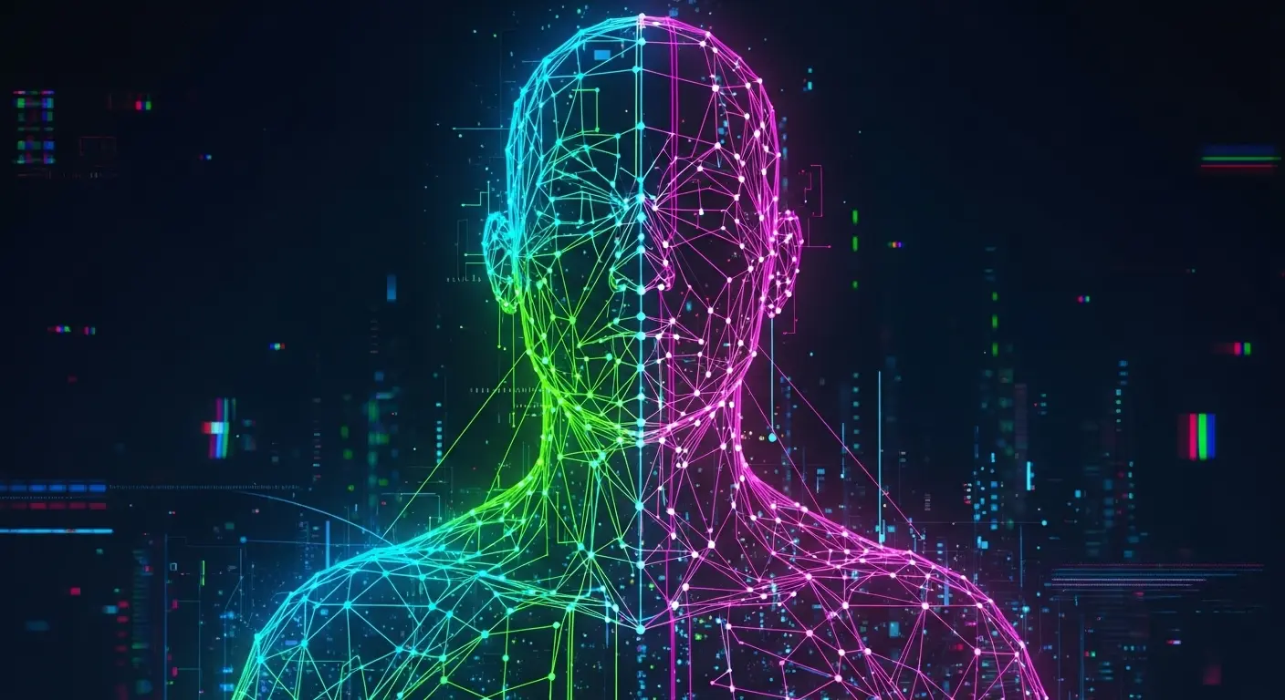Abstract art of a human silhouette formed by a glowing network of interconnected data points, symbolizing data, technology, and digital identity.