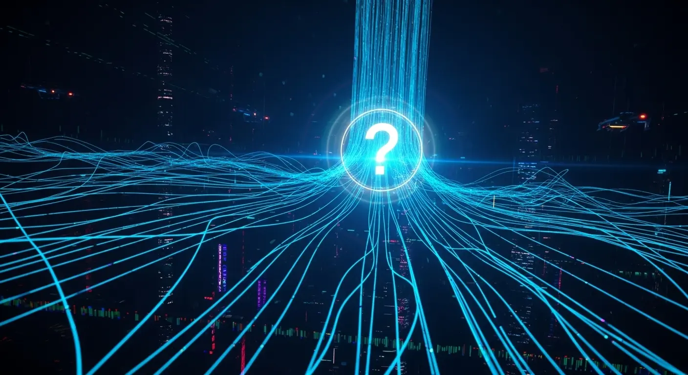 An abstract network of glowing blue data lines converging on a central point, symbolizing how an algorithm answers the question 'is my phone listening to me' through data analysis.