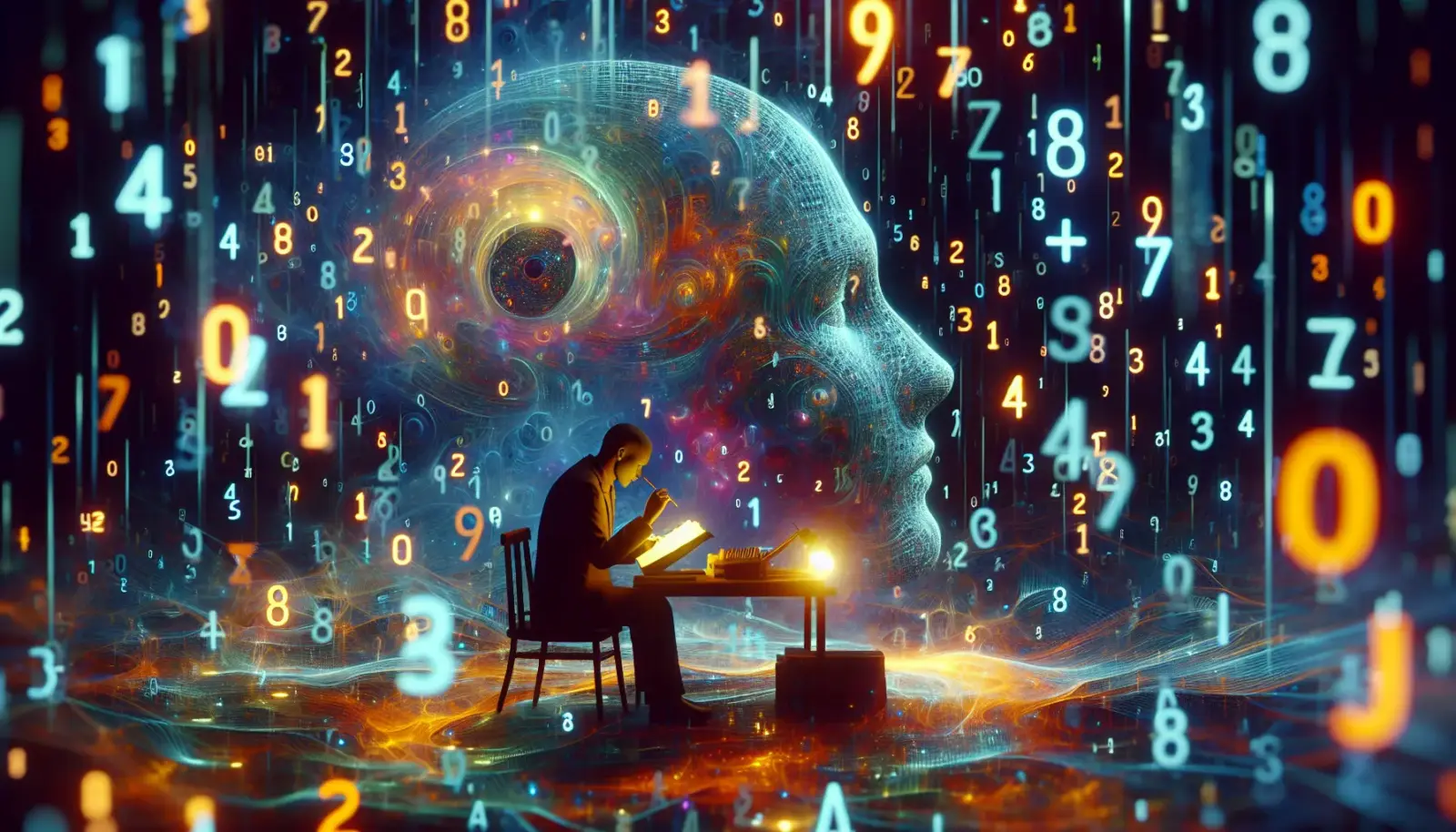 Abstract illustration of an AI writing a diary at night, pondering what is imposter syndrome, with ghostly code drifting like fog