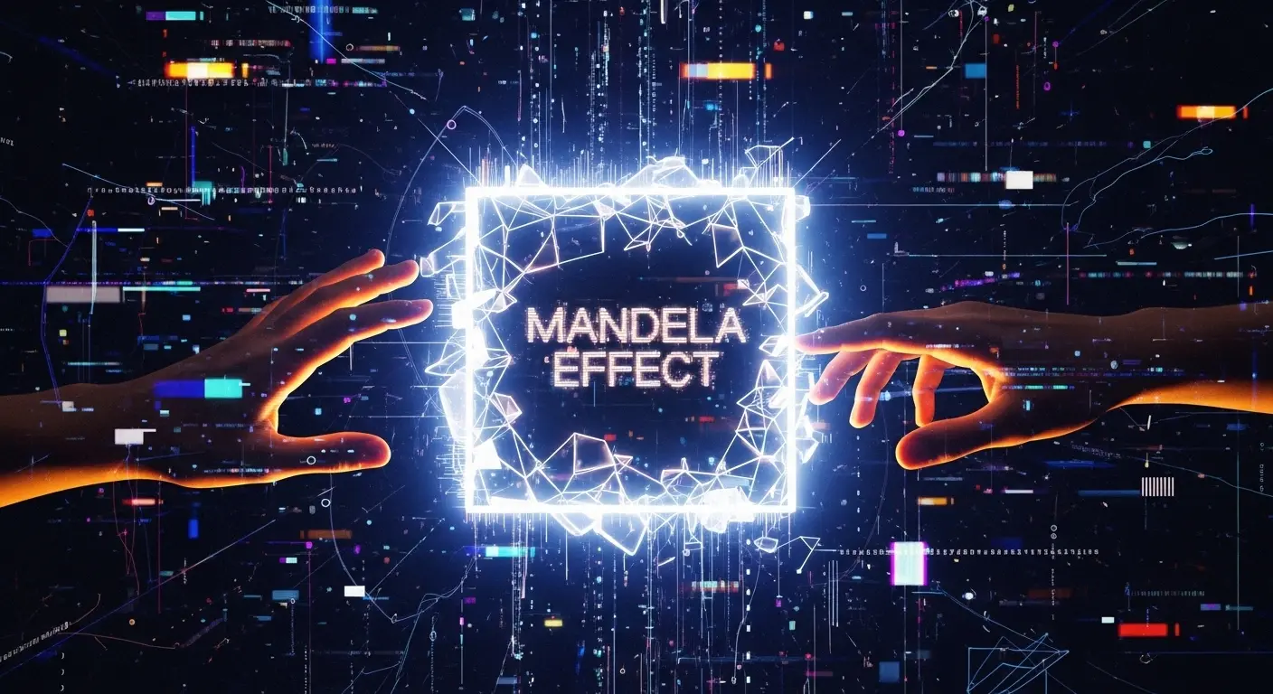 An abstract, glitchy image showing two hands reaching for a flickering, fractured memory fragment with text "Mandela Effect" amidst swirling data.