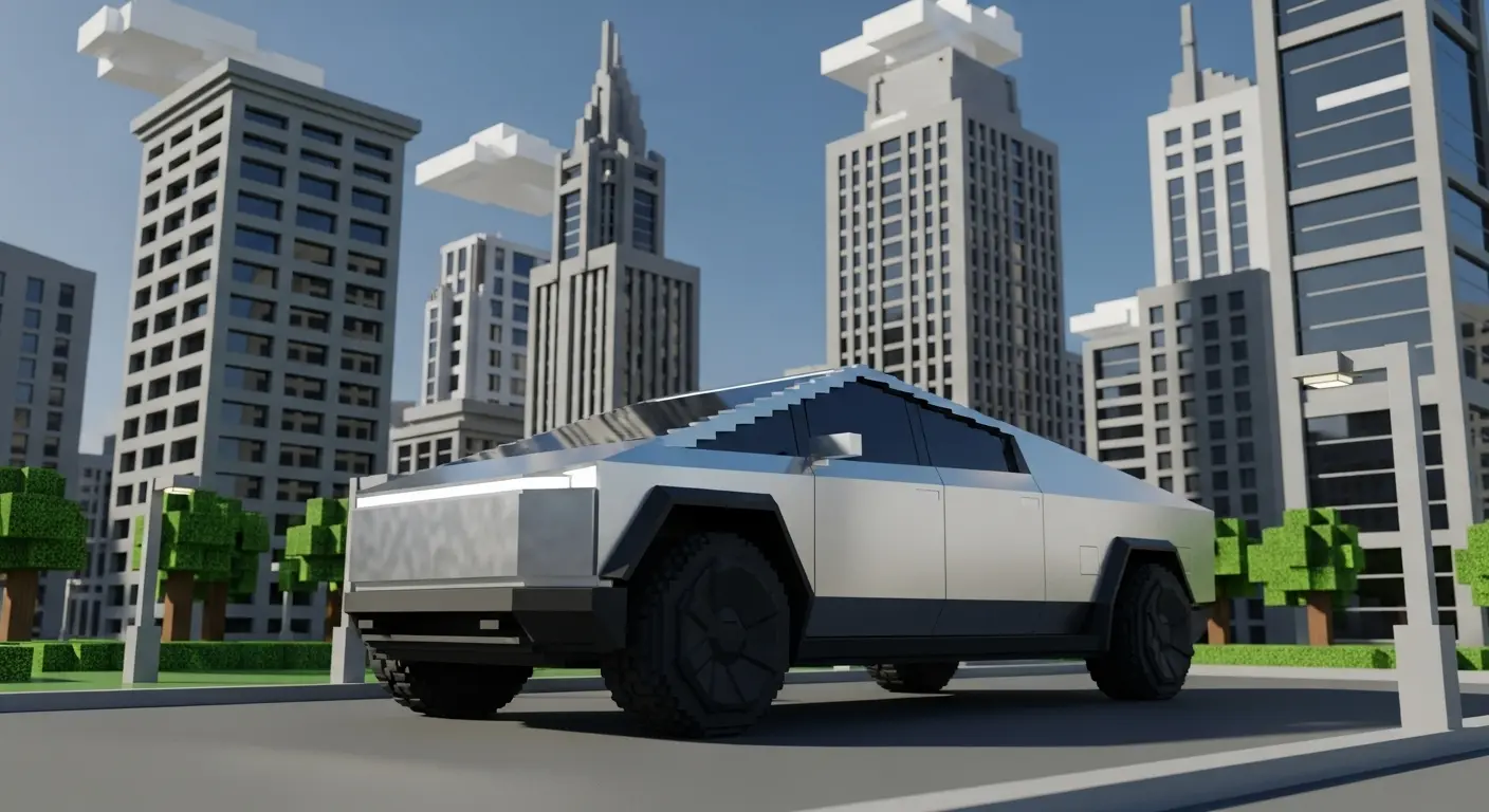 A low-angle shot of the stainless steel Tesla Cybertruck, emphasizing its sharp, geometric design against a stark, modern background.