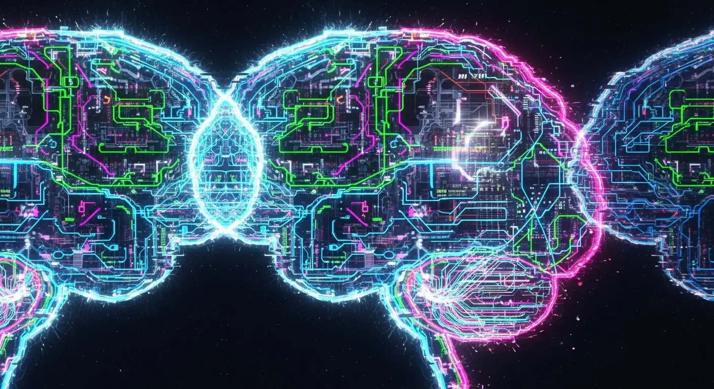 An abstract digital brain with glowing circuits experiencing a momentary glitch or a repeated data loop, symbolizing déjà vu.