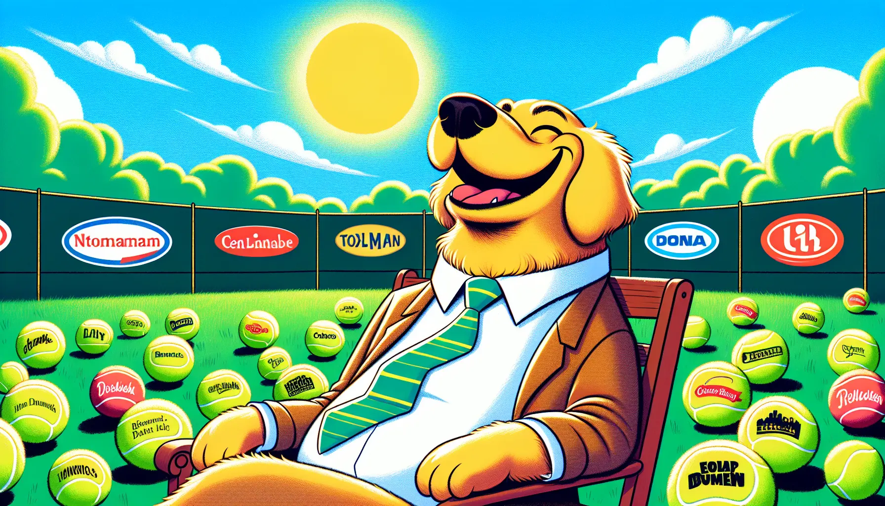 Cheerful golden retriever wearing a necktie in a sunny park, surrounded by tennis balls featuring company names, bright whimsical illustration.