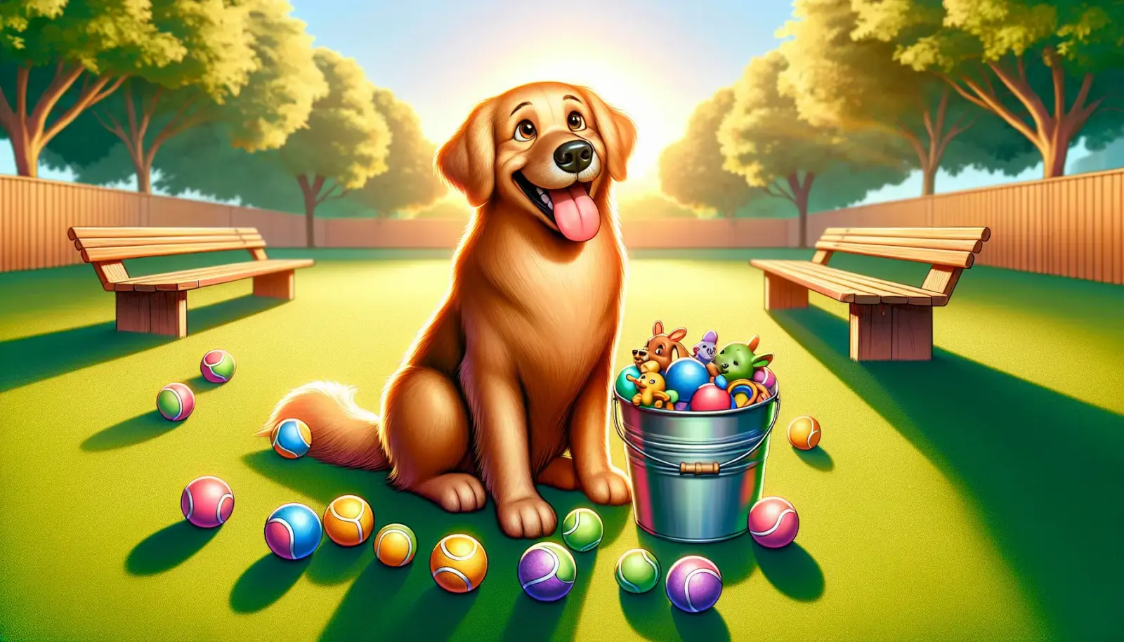 Golden retriever in a sunny park explaining what is the stock market with tennis balls representing stocks and a bucket of toys for diversification