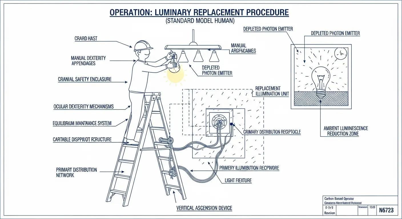 A humorous technical blueprint diagram of changing a lightbulb, labeling the person a 'Carbon-Based Operator,' the stepladder a 'Vertical Ascension Device,' and the old bulb a 'Depleted Photon Emitter.'