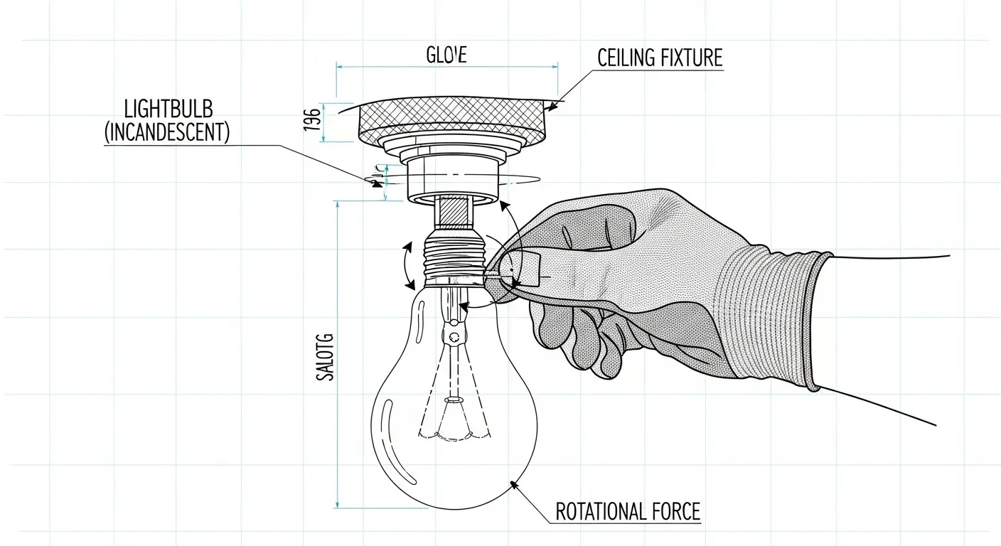 A human hand, wearing a safety glove, carefully unscrewing an old-fashioned incandescent lightbulb from a ceiling fixture.