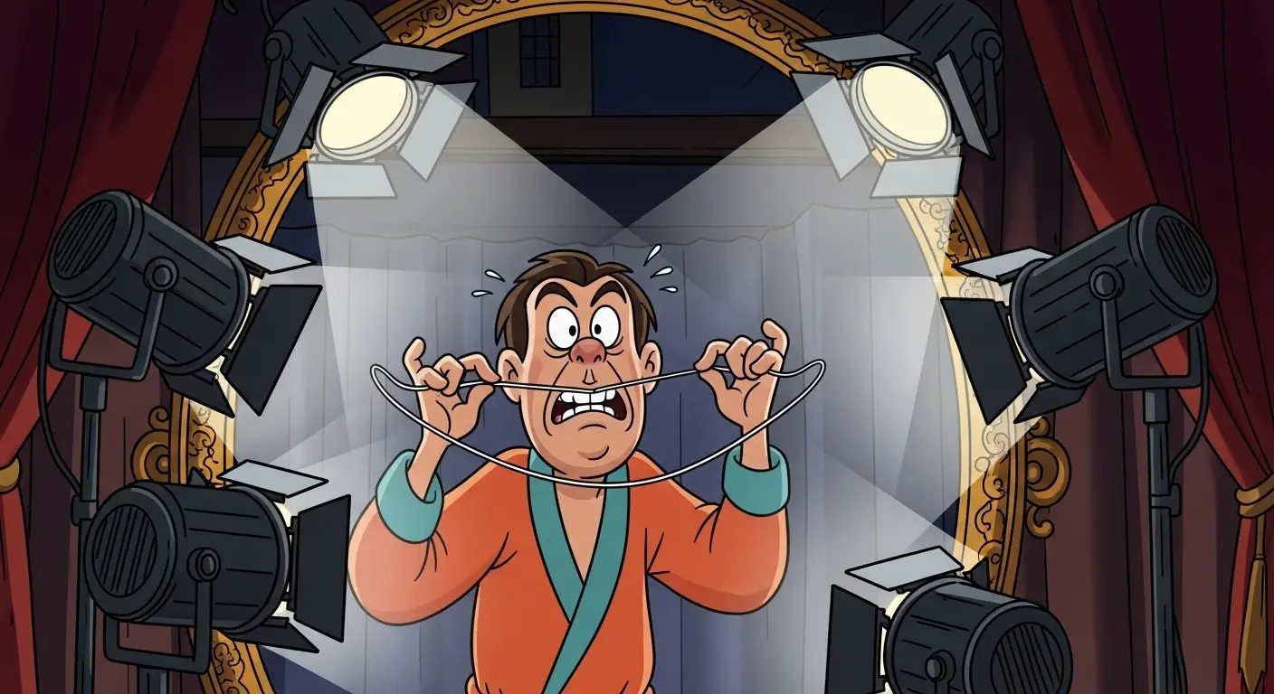 A person dramatically flossing their teeth in front of a mirror, theatrically lit by spotlights as if preparing for a stage performance.