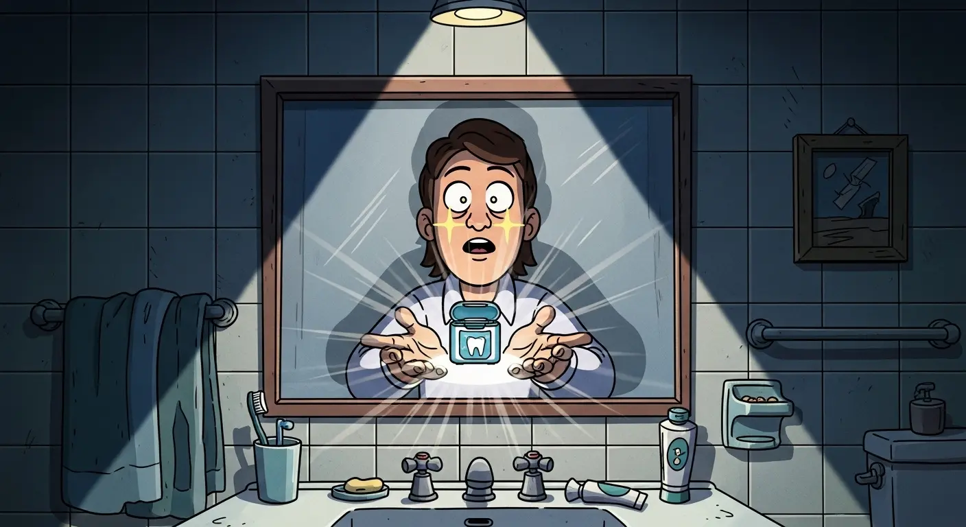 A person standing in front of a bathroom mirror, holding a container of dental floss like a sacred artifact under a single spotlight.