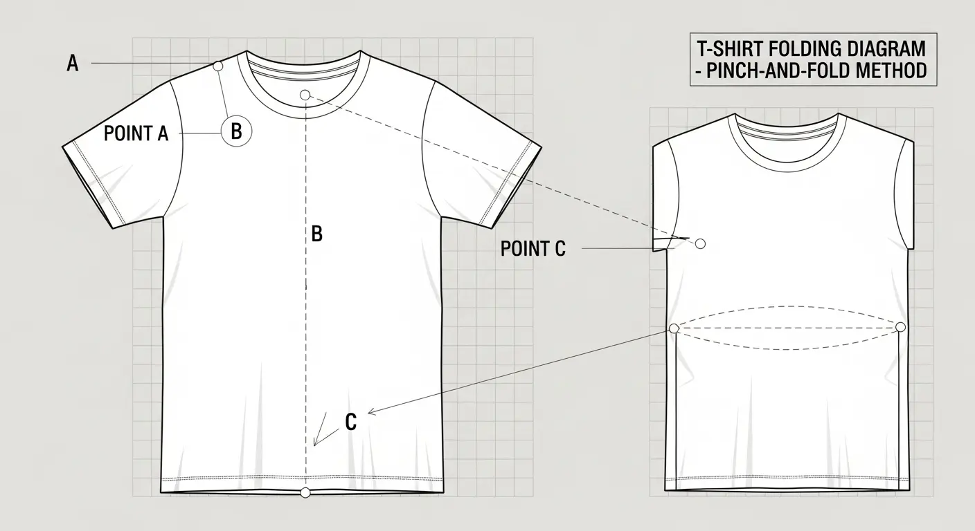 Diagram of a t-shirt laid flat with points A, B, and C marked on the shoulder, middle, and bottom hem to illustrate the pinch-and-fold folding method.
