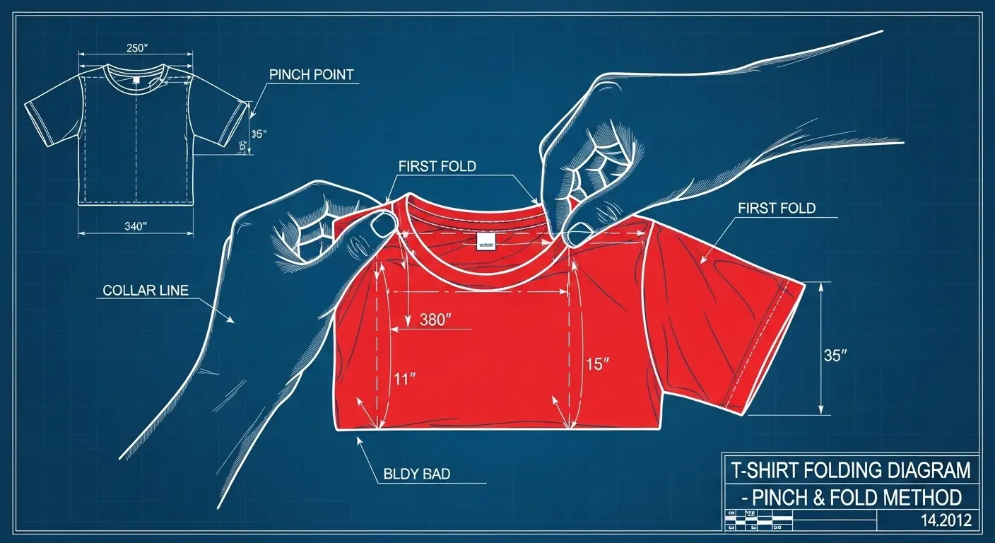 A person's hands demonstrating the pinch-and-fold method on a brightly colored t-shirt, mid-fold.