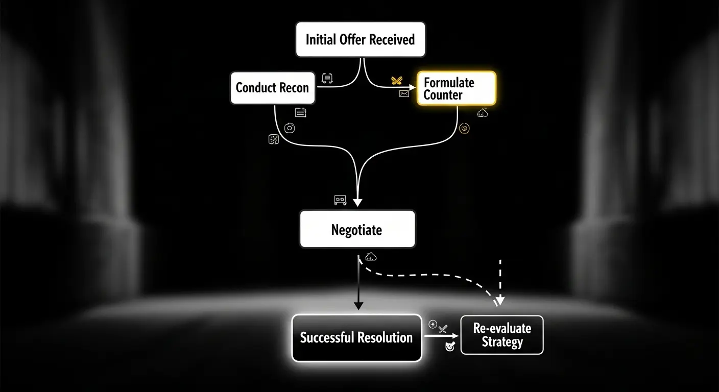 A sleek, minimalist flowchart illustrating a tactical negotiation process, starting with 'Initial Offer Received,' moving to 'Conduct Recon' and 'Formulate Counter,' and concluding with 'Successful Resolution.'