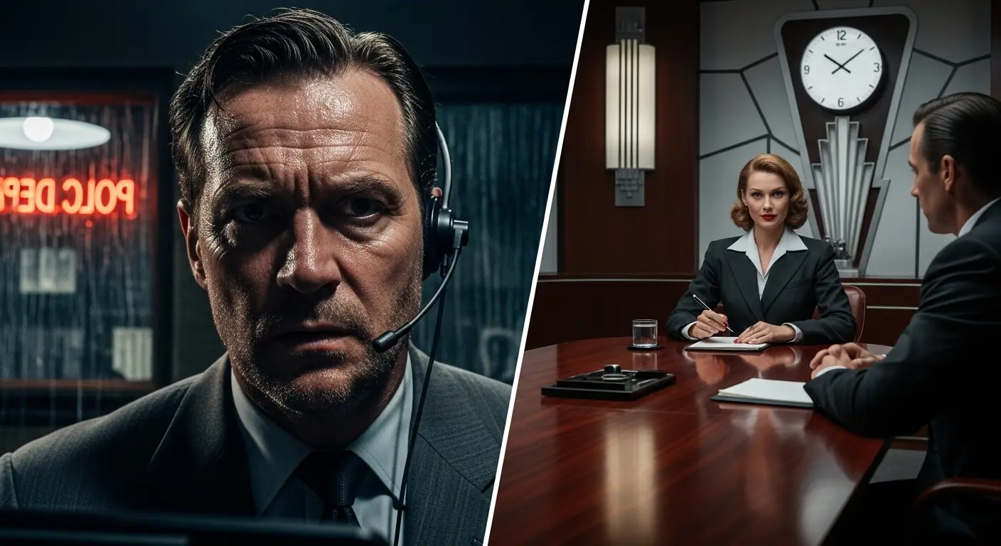 A split-screen image showing a tense hostage negotiator on a headset on one side and a person in a calm business meeting on the other.