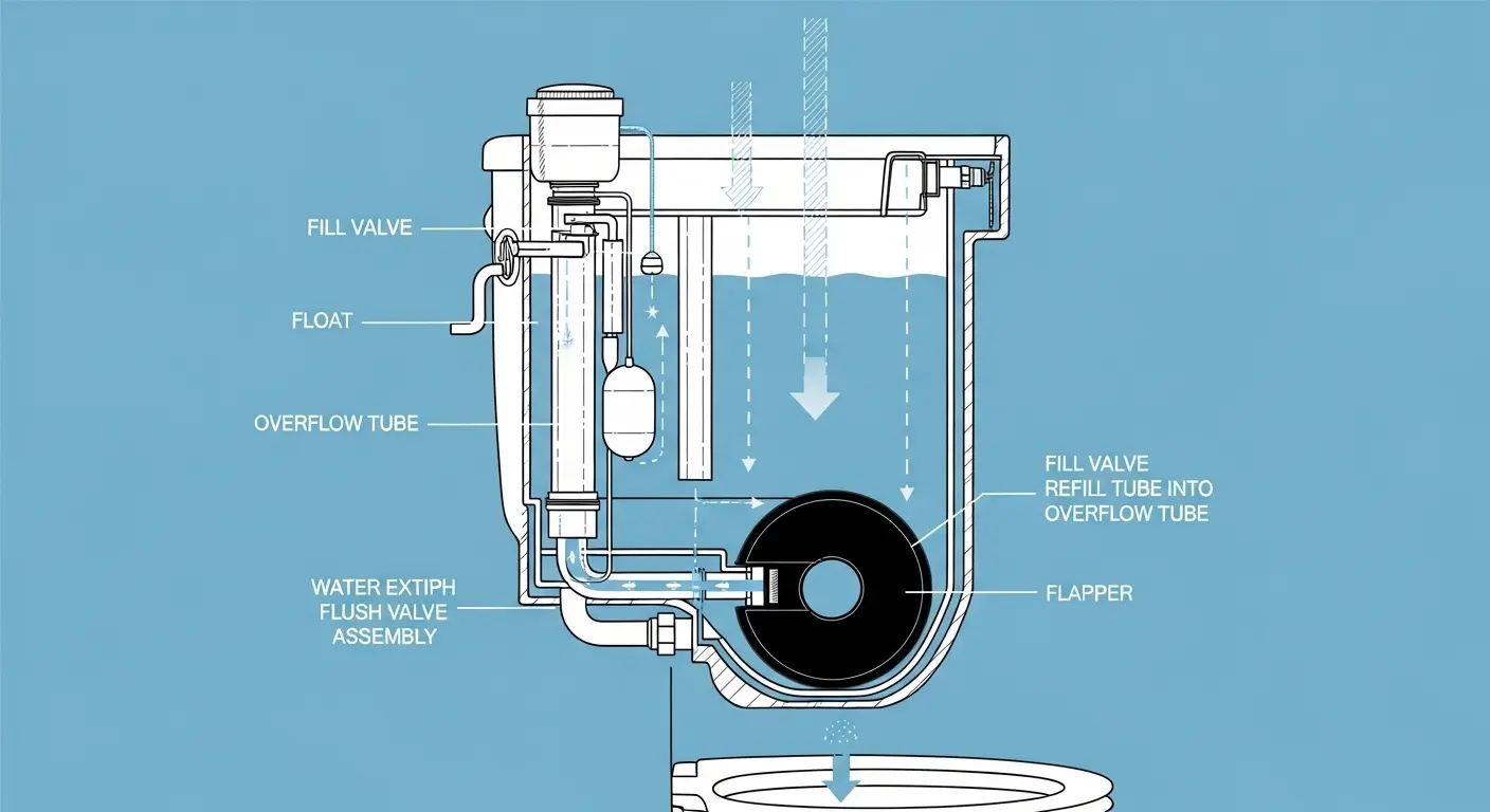Cutaway diagram of a toilet tank showing internal components: flapper, fill valve, float, and overflow tube, with arrows indicating water flow.