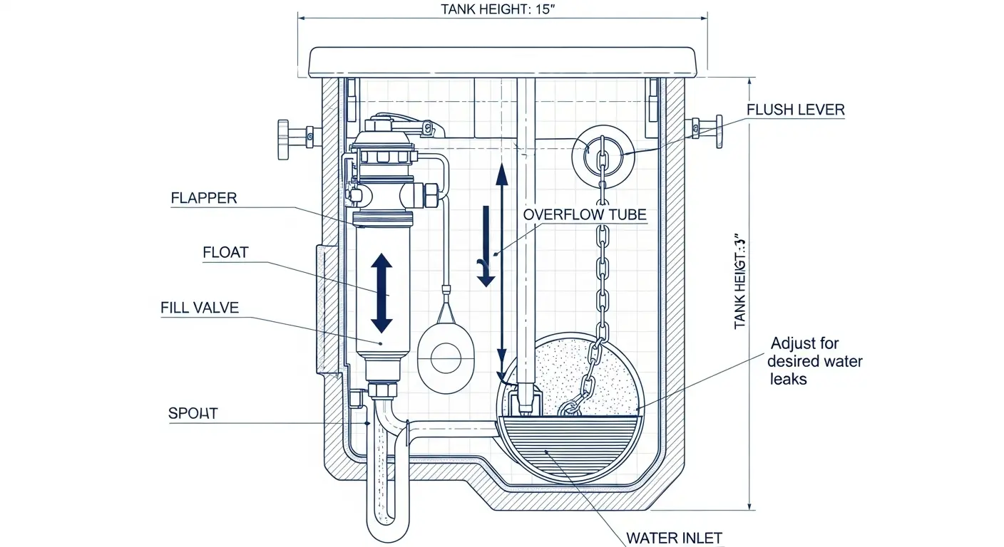 A detailed cross-section diagram of a toilet tank's internal mechanics, highlighting the flapper, fill valve, and float, with clear labels for a diagnostic guide.