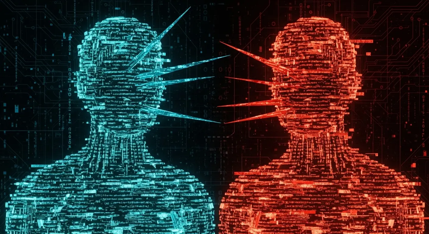 Abstract digital art of two human silhouettes made of code; one with clean, structured code invades and corrupts the second, which is chaotic and fragmented.