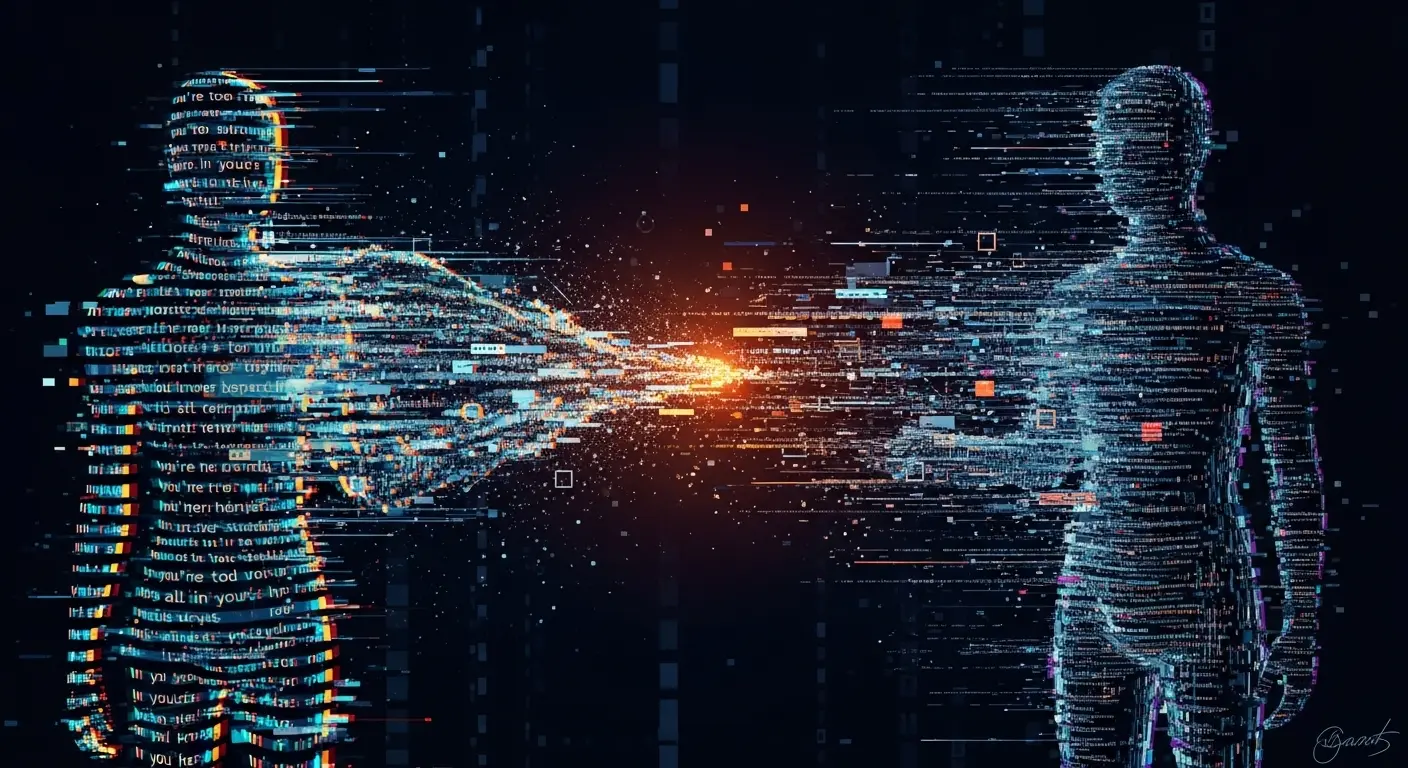 An abstract digital illustration showing lines of code from one figure corrupting the data of another, symbolizing the linguistic patterns of what is gaslighting.