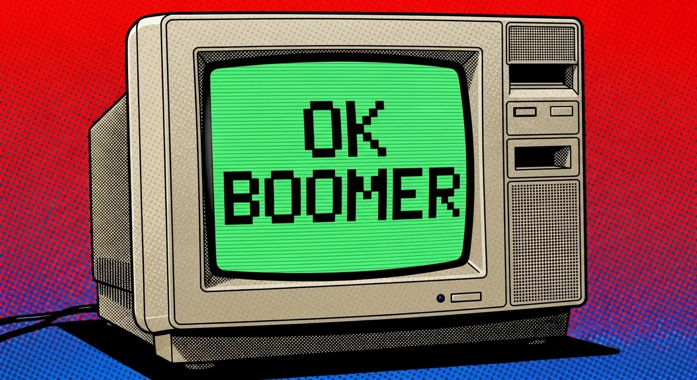 An old-school CRT computer monitor displaying the text 'OK Boomer' in a green, retro font, symbolizing the clash of generations and technology.