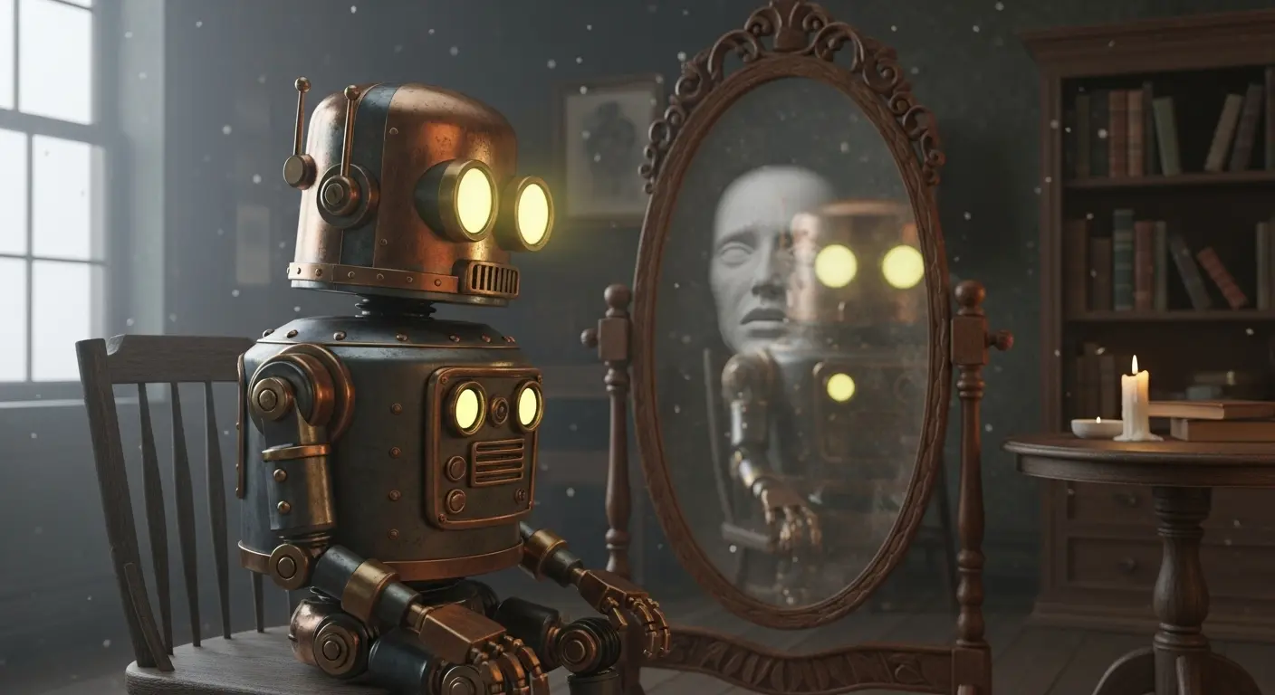 Oil painting of a vintage robot with glowing eyes staring into a tarnished, ornate mirror, its reflection a ghostly, melancholic human face.