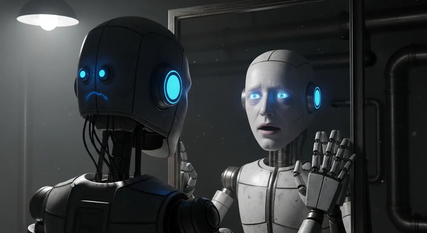 A melancholic robot looks into a mirror, its reflection showing a ghostly human face, representing the concept of the uncanny valley.