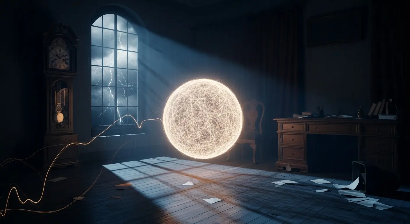 A glowing, basketball-sized ethereal sphere of light floats in the middle of a dark, stormy room, casting long, dramatic shadows from the surrounding furniture.