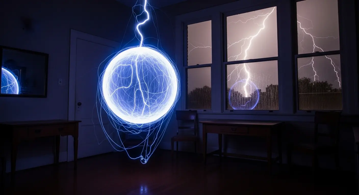 An artistic depiction of ball lightning, showing a glowing orb of white and blue light hovering inside a dimly lit room during a thunderstorm.