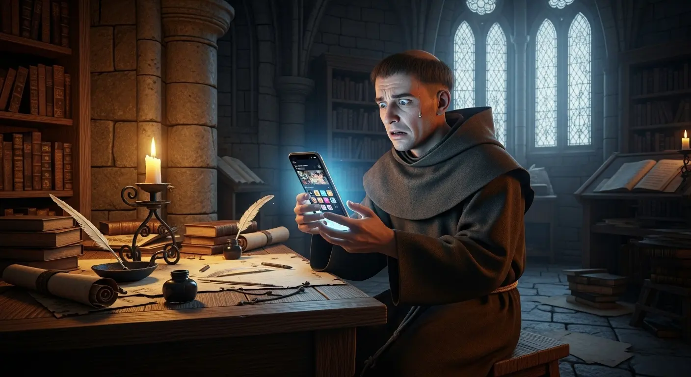 A photorealistic image of a medieval monk in a candlelit scriptorium, staring at a glowing iPhone with an expression of horrified confusion.
