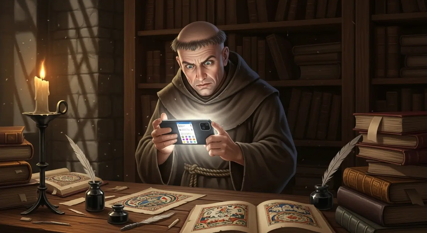 A medieval monk in a dark scriptorium, holding a glowing smartphone and looking at it with a mix of confusion and suspicion.