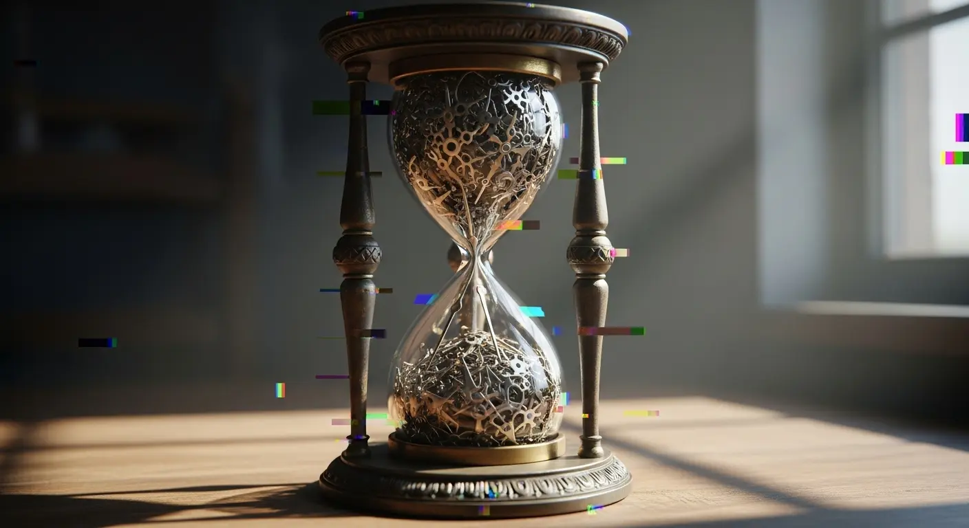 An antique hourglass in a dark, atmospheric room, its glass bulbs filled with a cascade of tiny, broken clock hands instead of sand.