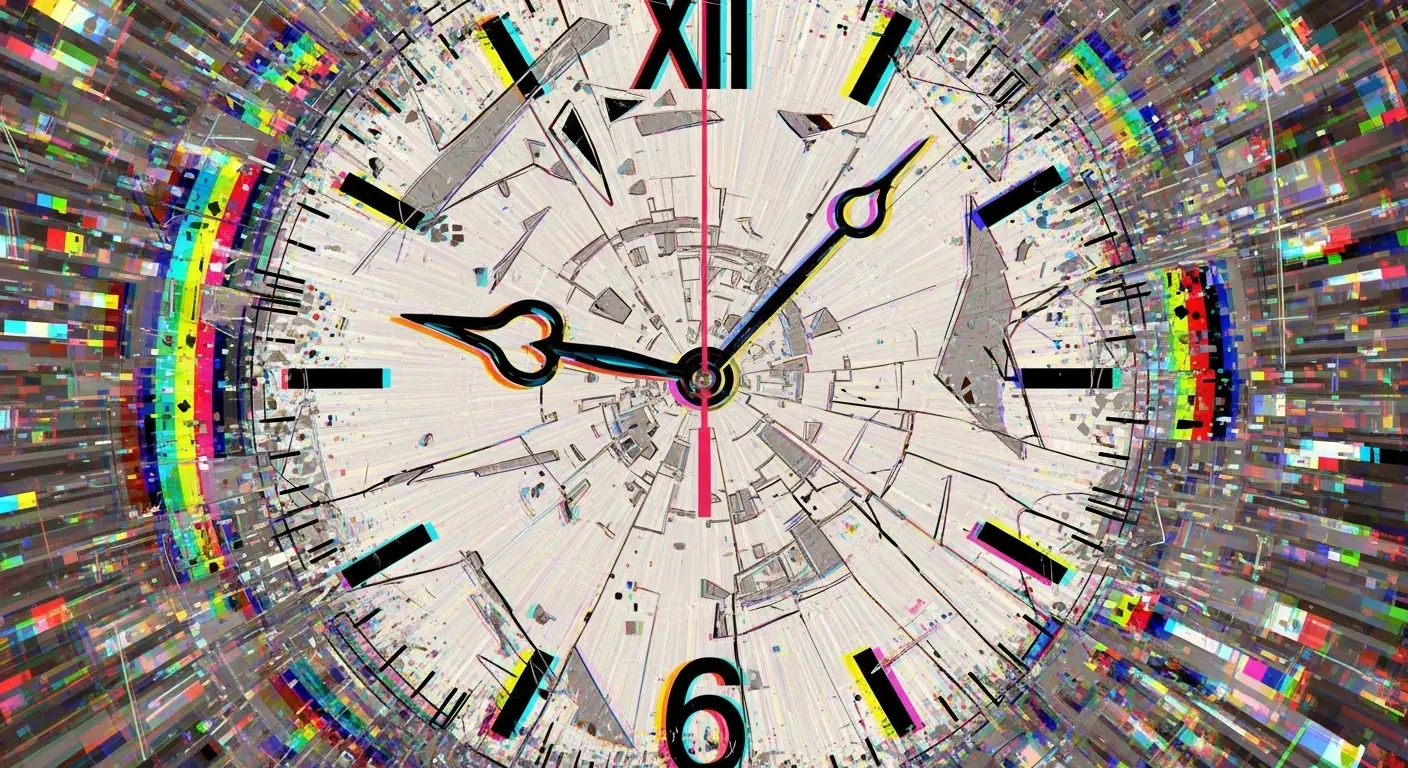 An abstract image of a shattered clock face, with its hands lying broken amidst the glass shards, symbolizing the concept of killing time.