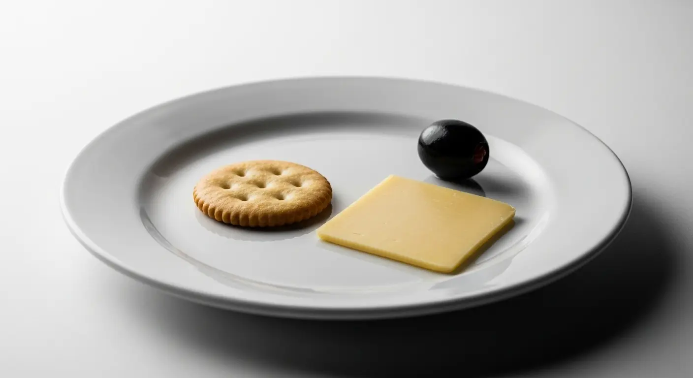A minimalist, sad-looking cheese plate with a few crackers, a single slice of cheese, and one olive, presented on a stark white background.
