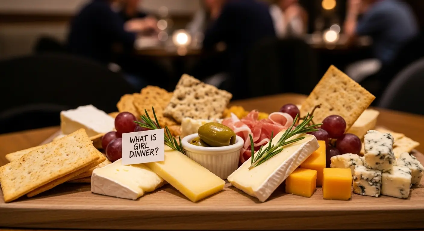 A plate representing the 'what is girl dinner' trend, featuring crackers, cheese, and an olive, critically arranged for a food review.