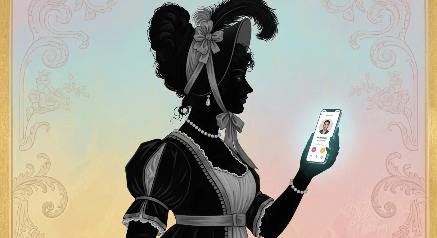 A silhouette of a Regency-era woman in a bonnet, looking disapprovingly at a glowing smartphone displaying a dating app interface.