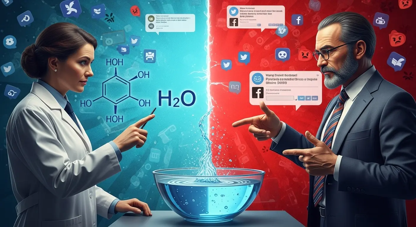 A dramatic split image contrasting a scientist pointing to a chemical diagram of H2O and a philosopher gesturing to a hand in a bowl of water, set against a chaotic background of social media comments.