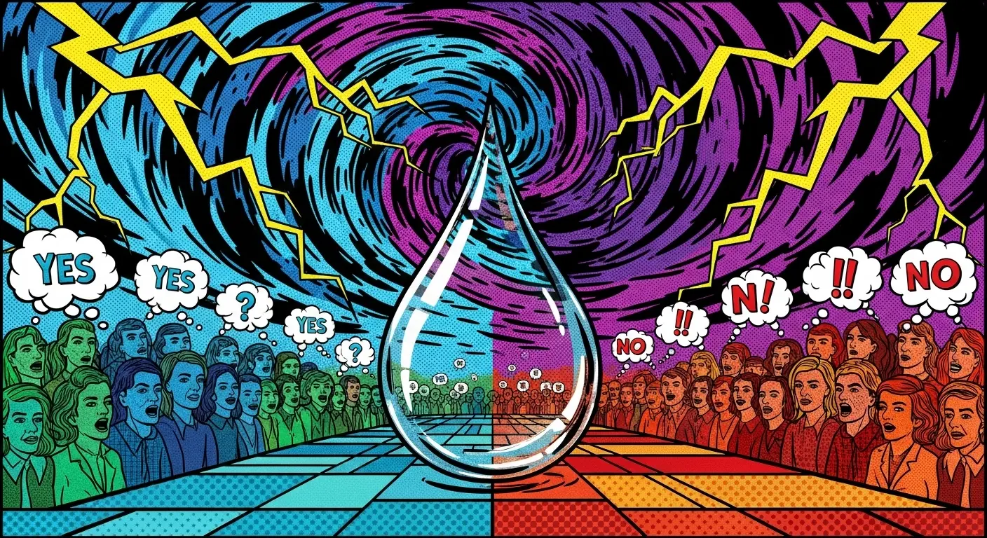 An allegorical image representing the 'is water wet' debate, with a large water droplet separating two opposing crowds under a stormy sky.