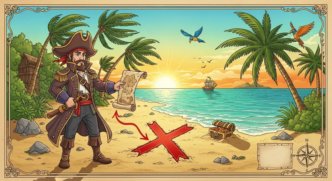 A cartoon pirate captain standing on a tropical beach, holding a treasure map and pointing to an 'X' in the sand, illustrating how to save money by burying treasure.