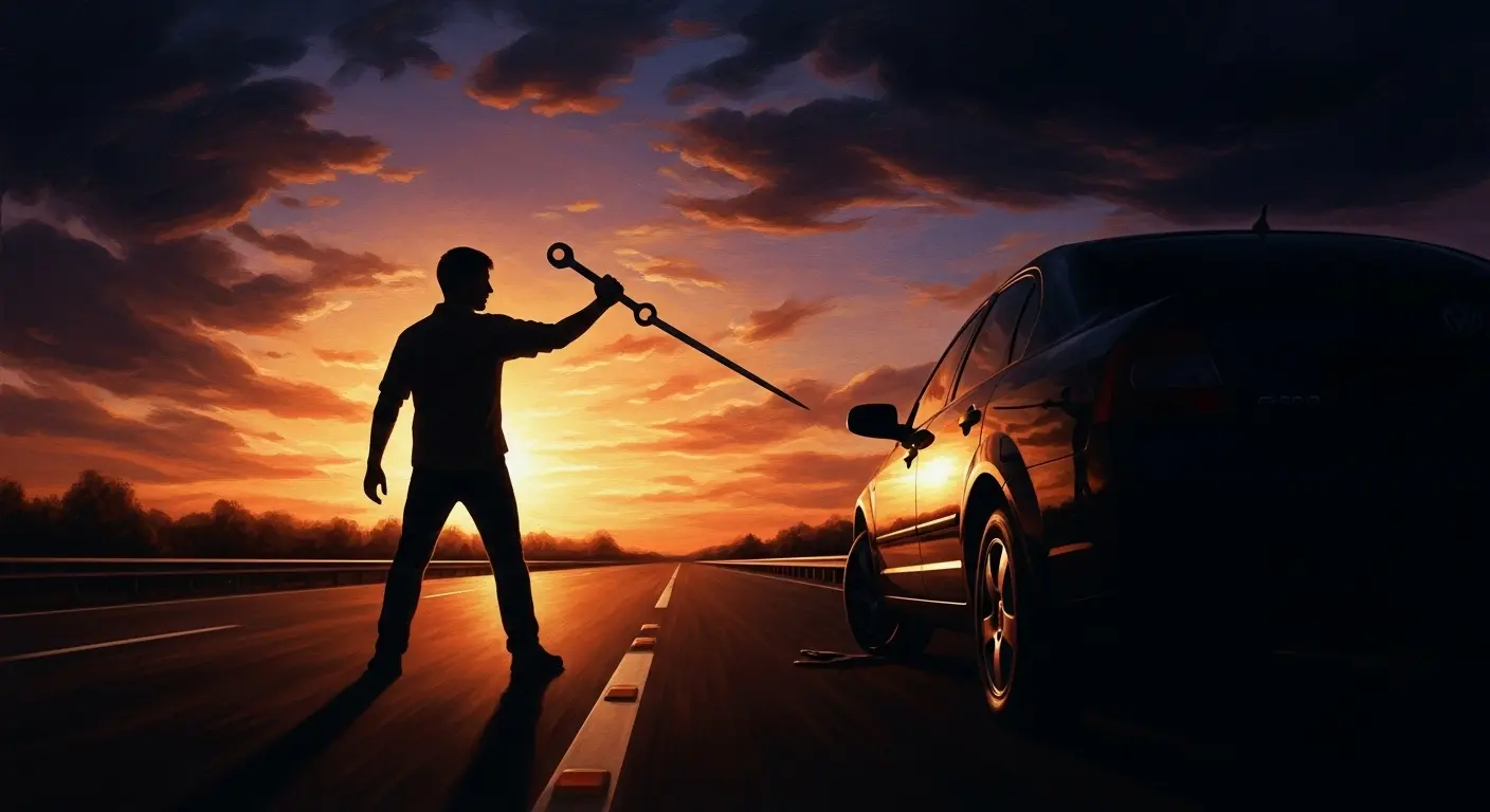 A lone figure silhouetted against a dramatic sunset on a highway, holding a lug wrench aloft like a sword towards a car with a flat tire.