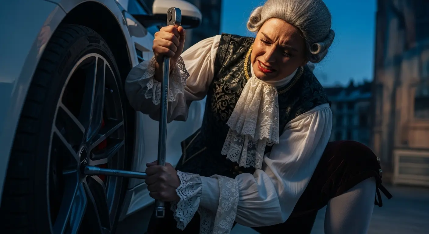 A close-up shot of a person in dramatic, old-fashioned clothing changing a tire on a modern car at twilight, looking pained. The image is styled like a dramatic stage play.