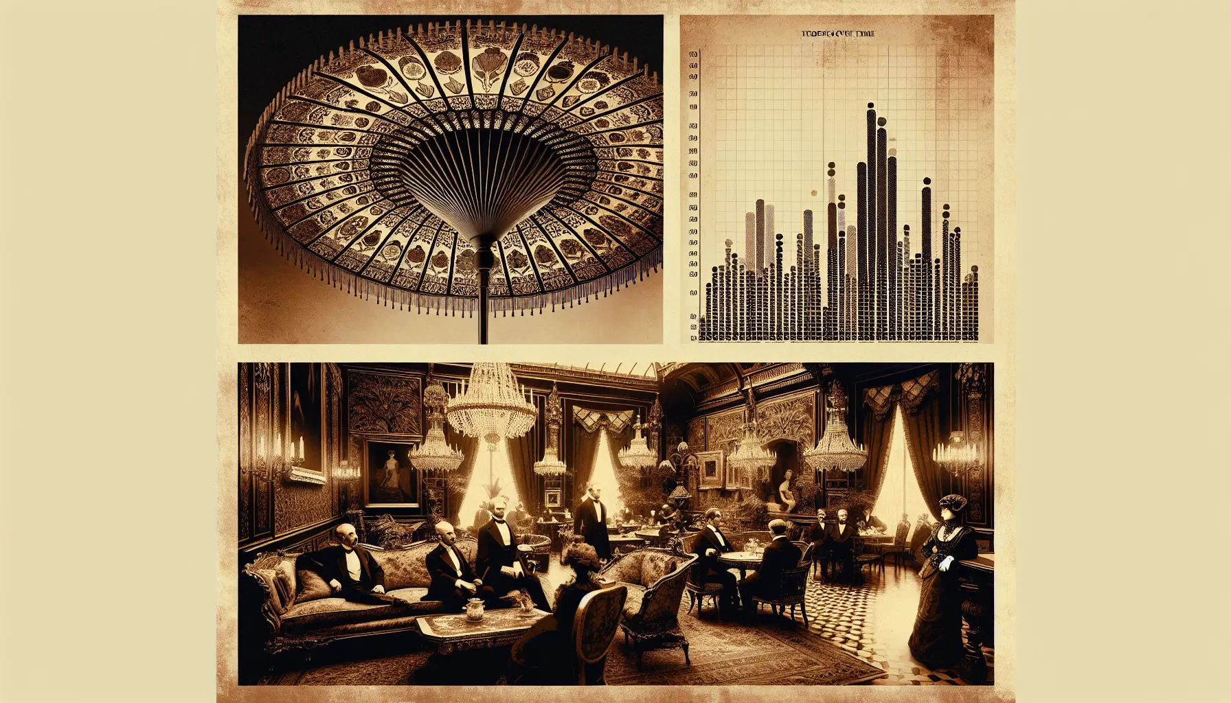 Sepia collage featuring an Egyptian sunshade, a Victorian parlor with a large open umbrella, and an overlay of a faint scatter plot showing incidents over time.