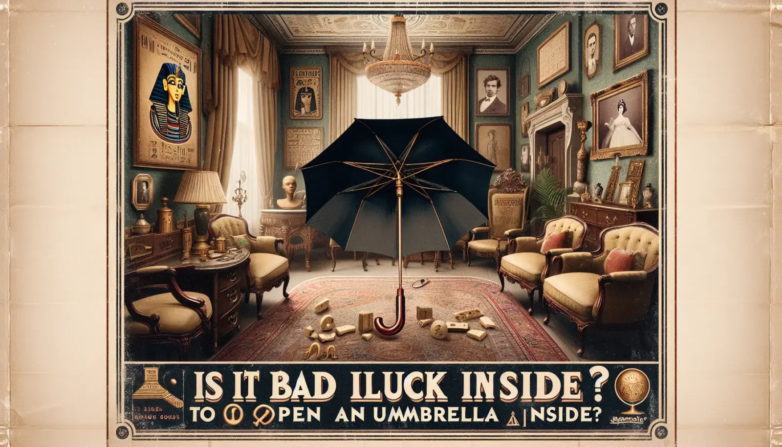 Open umbrella in a Victorian parlor with a timeline from ancient Egypt to England, visualizing the question is it bad luck to open an umbrella inside