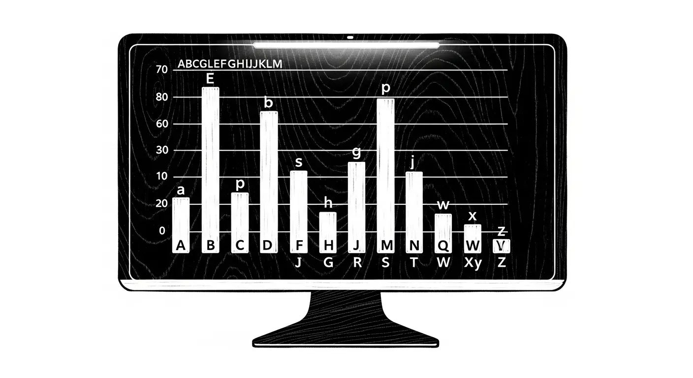 A sleek, minimalist bar chart on a futuristic computer screen visualizing the frequency of letters in the English alphabet.