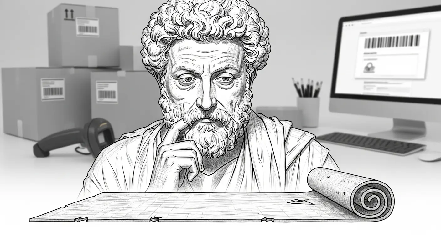 Ancient Roman philosopher Marcus Aurelius looking thoughtfully at a poorly made, flimsy yoga mat, with a wry expression, amidst a modern e-commerce backdrop.