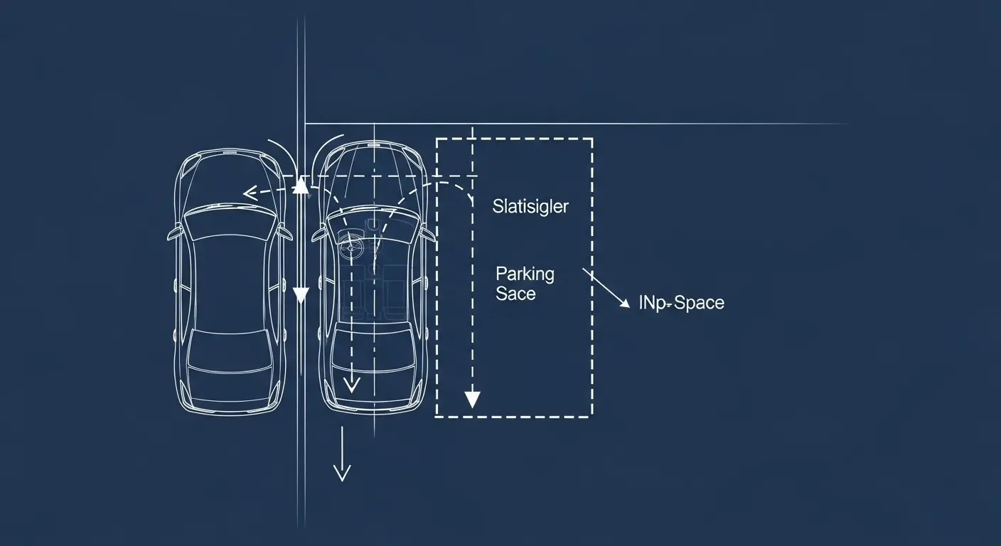 Overhead diagram illustrating the correct 45-degree angle for parallel parking, showing the car's front door aligned with the rear bumper of the adjacent car before reversing.