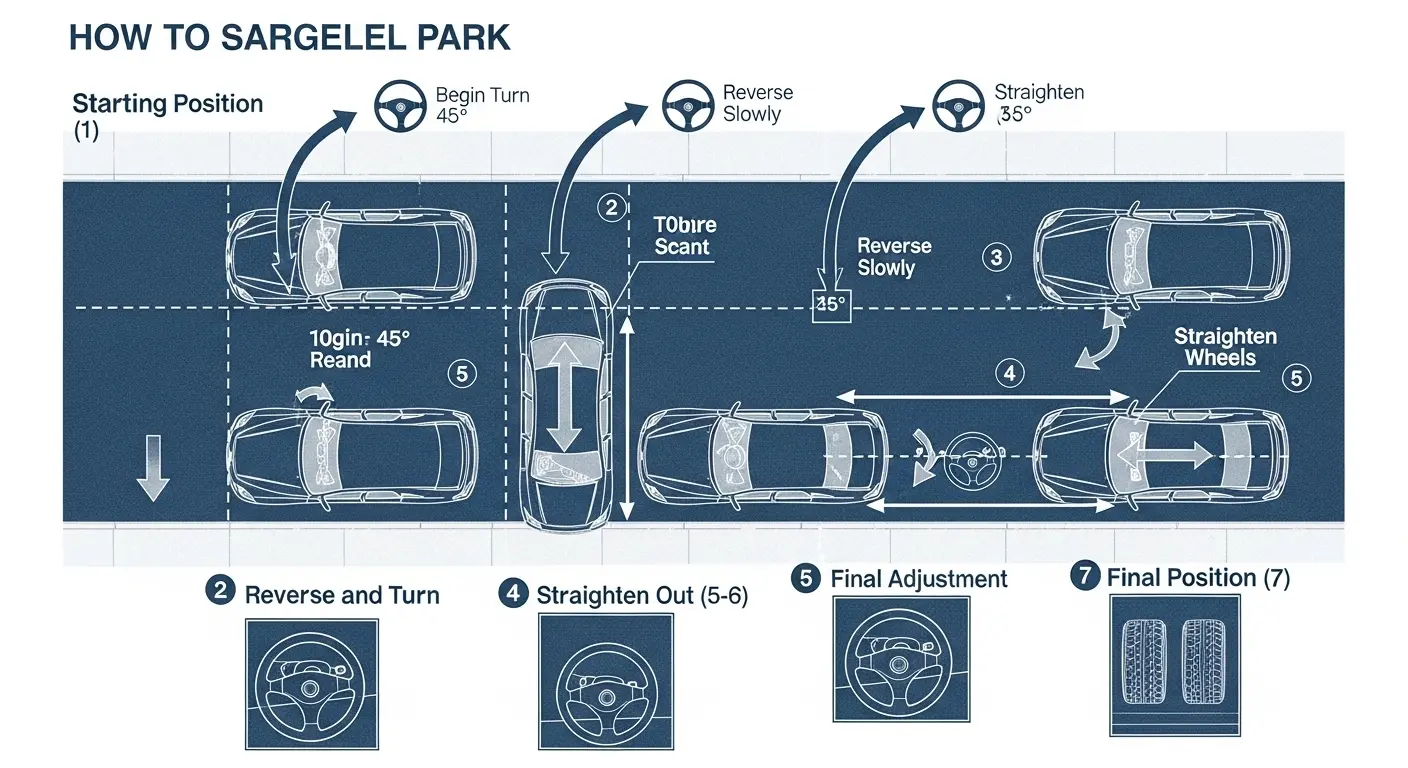 An overhead diagram illustrating the precise, step-by-step surgical procedure for how to parallel park a car between two other vehicles.