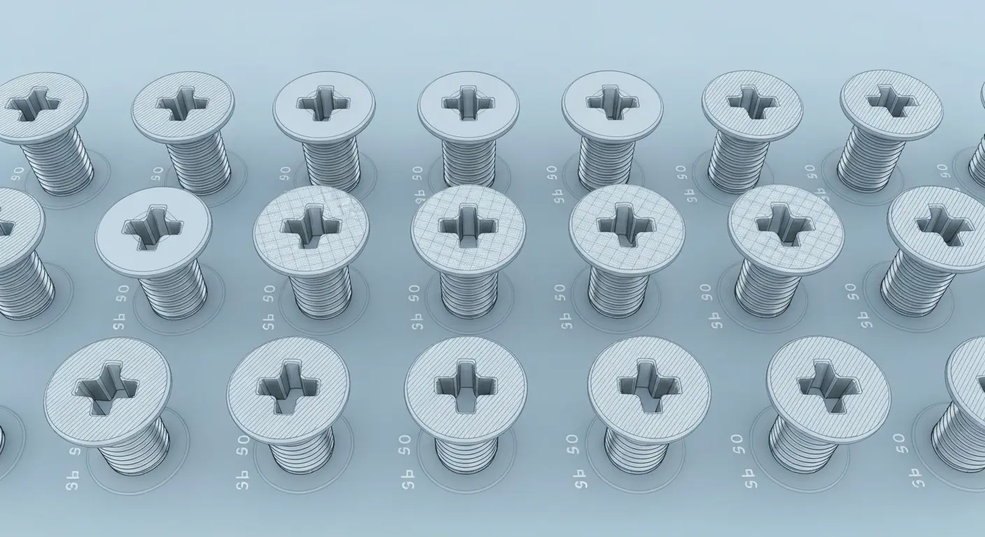 A top-down close-up of shiny Phillips screw heads arranged in a neat grid on a workshop surface.