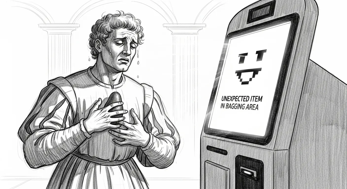 A Renaissance-style oil painting of a man in despair clutching an avocado, loomed over by the judgmental glow of a self-checkout screen.