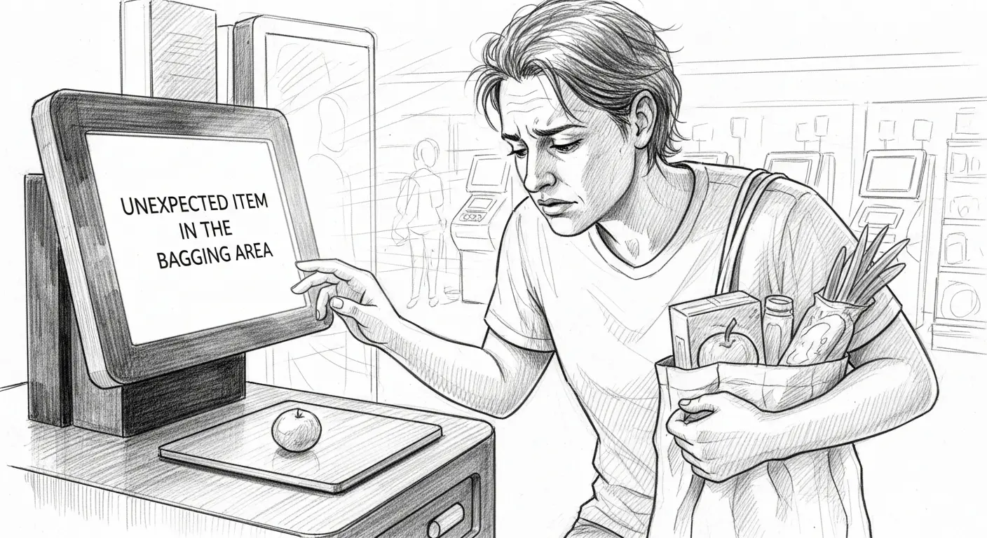 A person looking stressed while using a self-checkout machine, with the words 'Unexpected item in the bagging area' glowing on the screen.