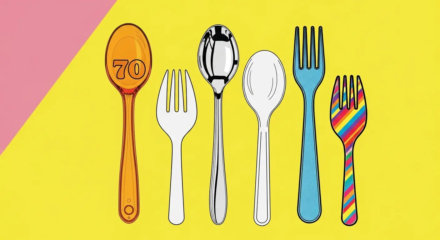 An array of different sporks, from vintage plastic to modern metal, arranged on a minimalist background, highlighting the diverse history of the spork.