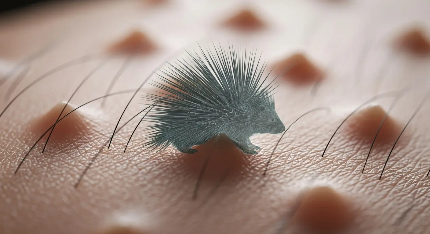 A detailed macro shot of human skin with goosebumps, overlaid with a faint, ghostly image of a porcupine with raised quills, illustrating the evolutionary origin of the piloerection reflex.