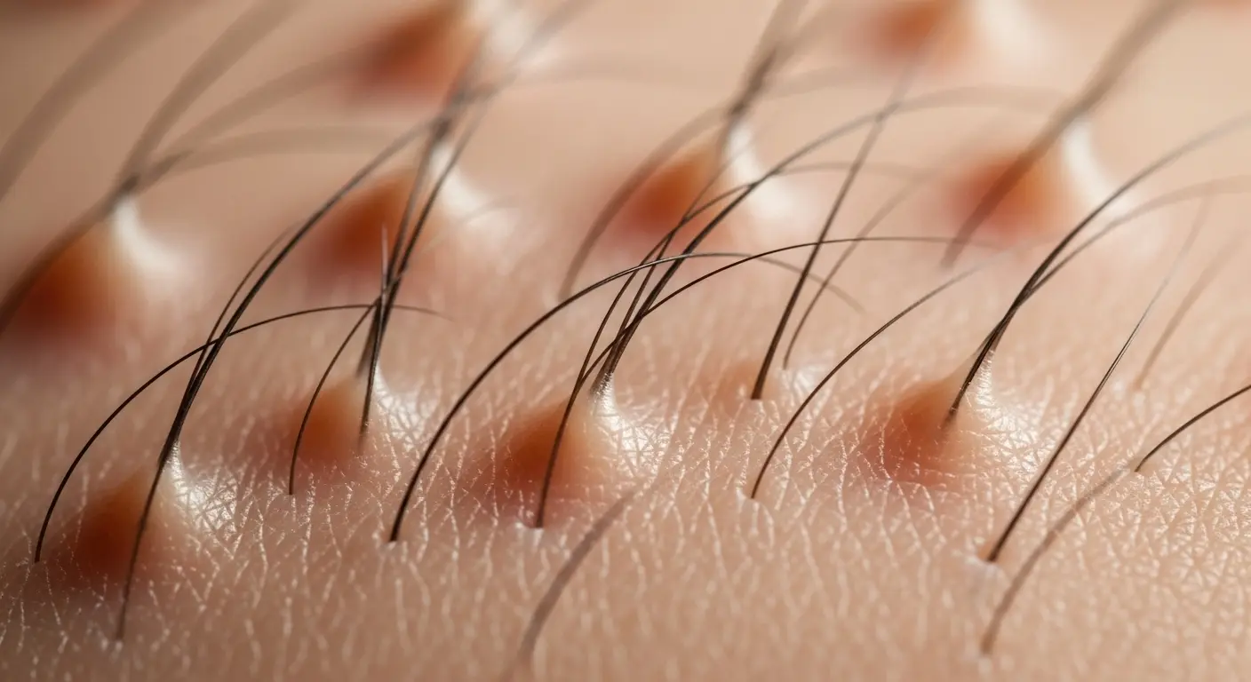 A close-up view of human skin showing the pilomotor reflex, commonly known as goosebumps, which answers the question of why do we get goosebumps.
