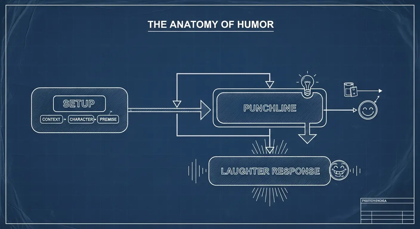 A technical blueprint diagram illustrating the anatomy of a joke, with labeled sections for the 'setup,' 'punchline,' and 'laughter response'.